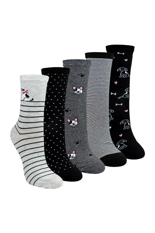5 Pairs Dog Patterned Socks - Soft Cotton Rich Fun Dog Design Socks