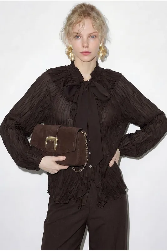 Button-Up Crepe Blouse with Bow Detail