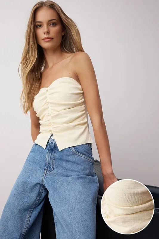 Pearl Embellished Strapless Fitted Knit Blouse - WOVCOR