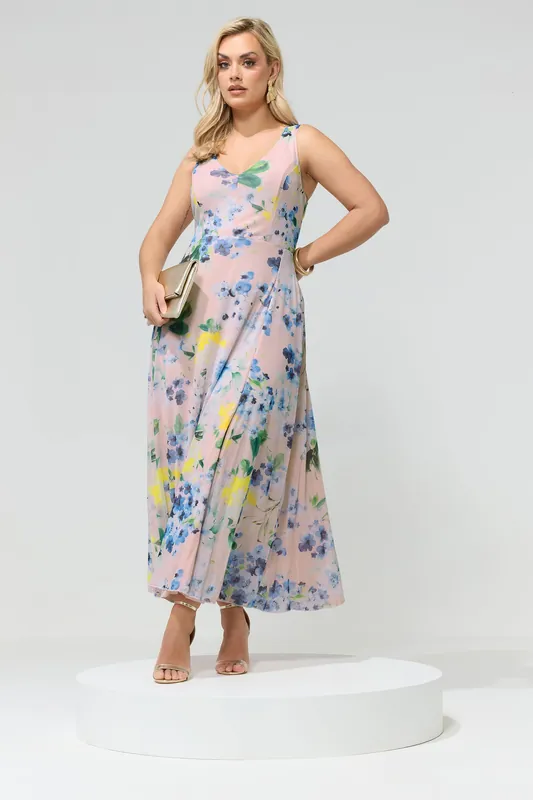 Floral Print Mesh Sleeveless Maxi Dress - Yours
