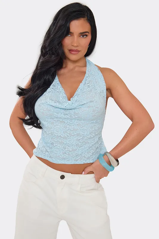 Sleeveless Cowl Neck Open Back Lace Top - EGO