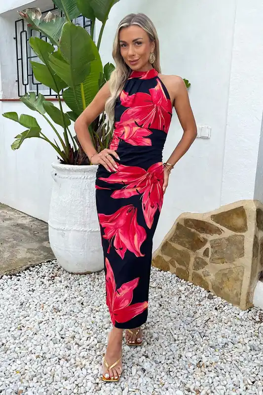 Black And Coral Red Floral Print Halter Neck Midi Dress - AX Paris