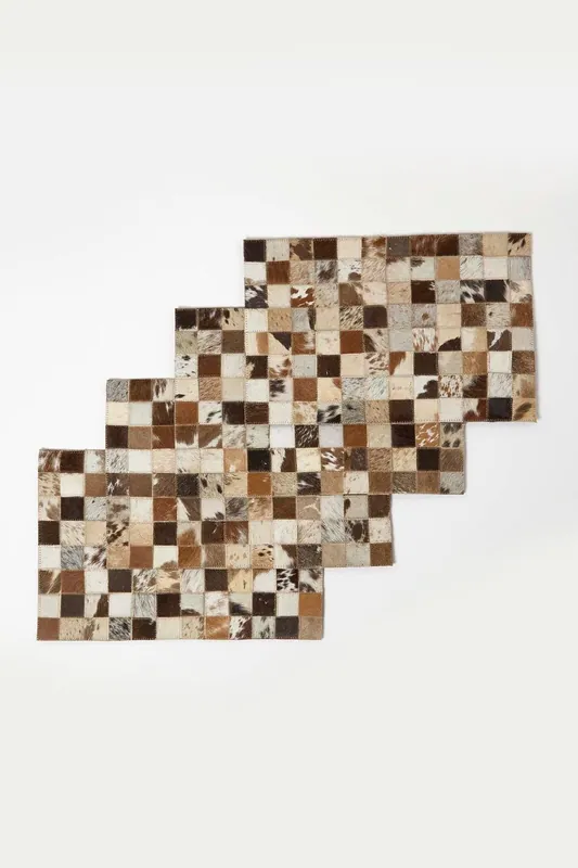 Block Check Brown Leather Placemats Set of 4 - Homescapes