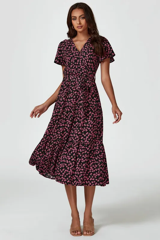Pink Floral Print Wrap Midi Dress In Black - FS Collection