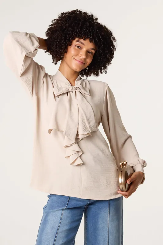 Beige Ruffle Pussybow Blouse - Blue Vanilla