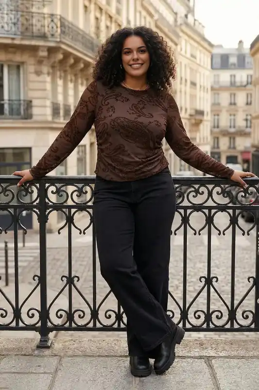 Paisley Print Mesh Long Sleeve Fitted Top - WOVCOR