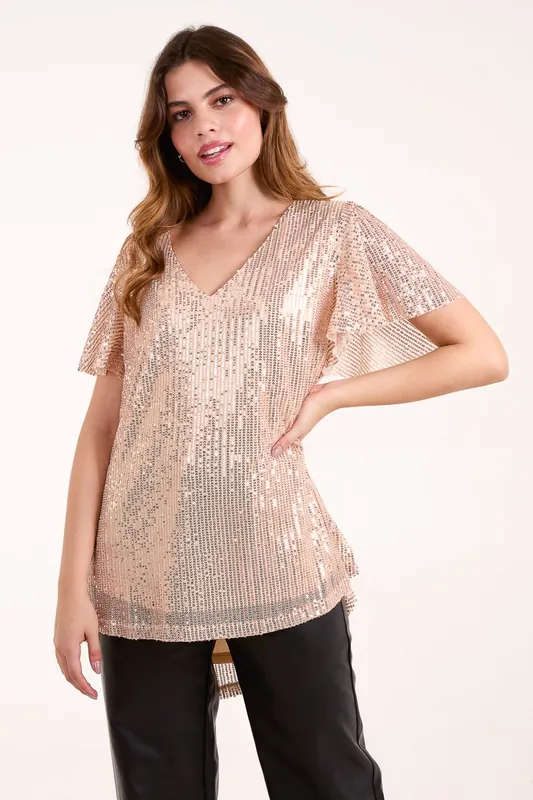 Angel Sleeve V Neck Sequin Top - Blue Vanilla