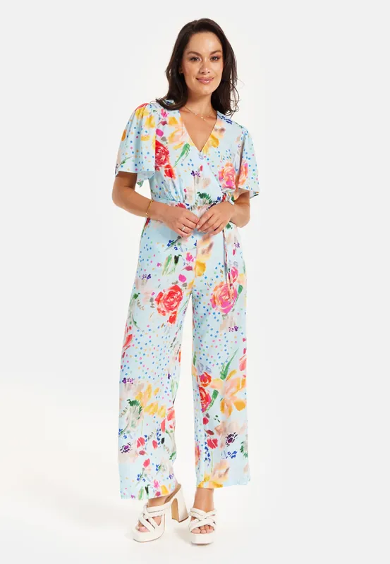 Blue Floral Print Jumpsuit With Wide Legs - Liquorish