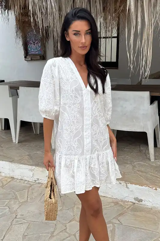 White Paisley Embroidered Button Front Frill Hem Mini Dress - AX Paris