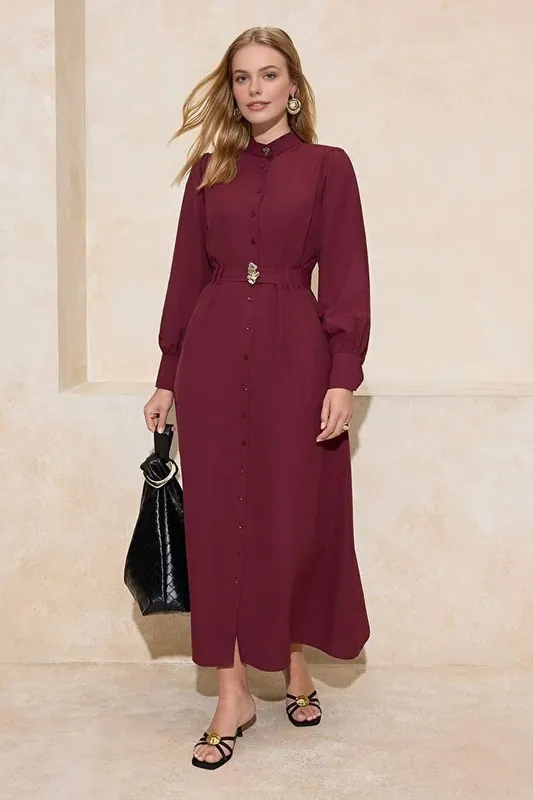 Belted Button Front Long Sleeve Cotton Maxi Shirt Dress - WOVCOR