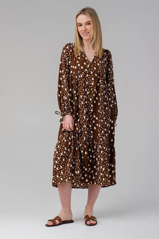 Polka Dot Smock Long Sleeve Tie Midi Dress - Influence