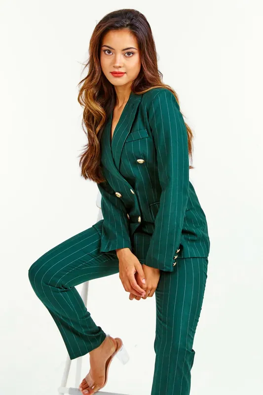 Green Pinstriped Double Breasted 2-Piece Suit