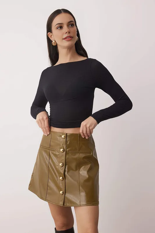 Patent Effect Button Front Mini Skirt - WOVCOR