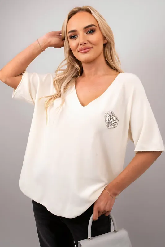 Della Short Sleeve V-neck Oversized Rhinestone Heart Detail Top