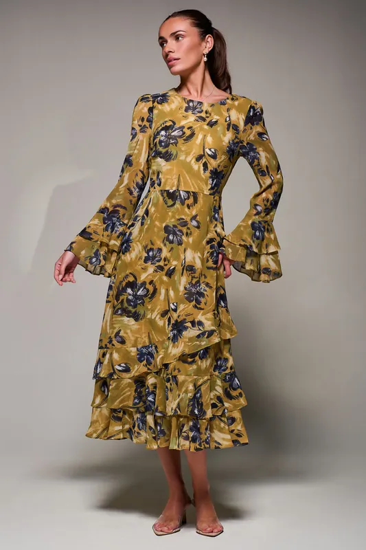 Long Sleeve Frill Chiffon Midaxi Dress - Jolie Moi