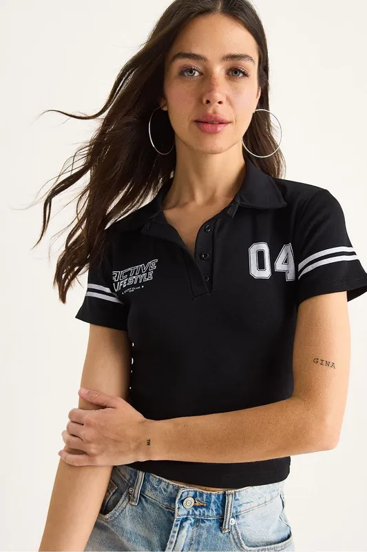 Printed Polo Collar Fitted Crop T-Shirt