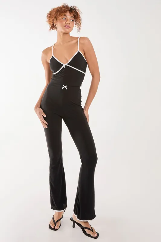 High Waisted Bow Detail Piping Flares - Pink Vanilla