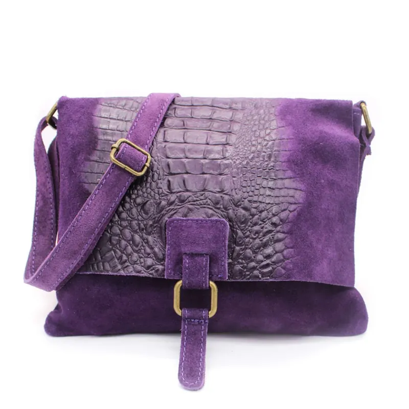 Croc Skin Flap Over Italian Soft Suede Leather Small Crossbody Shoulder Bag Handbag - Kitise