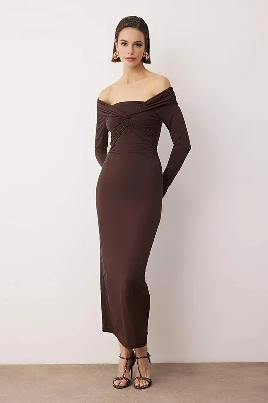 Off the Shoulder Long Sleeve Knitted Midi Evening Dress - WOVCOR