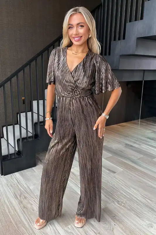 Bronze Plisse Buckle Detail Wrap Jumpsuit - AX Paris