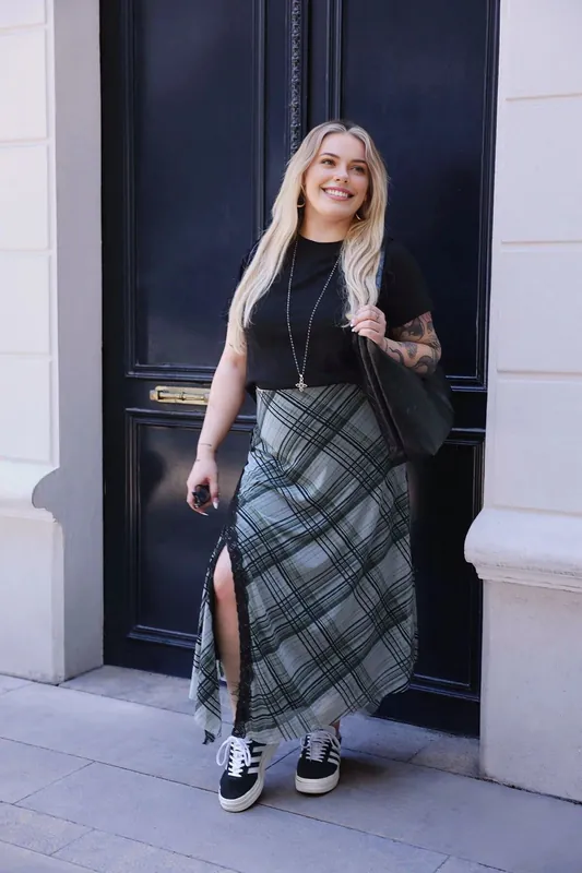 Check Print Split Detail Midi Skirt with Lace Trim - WOVCOR
