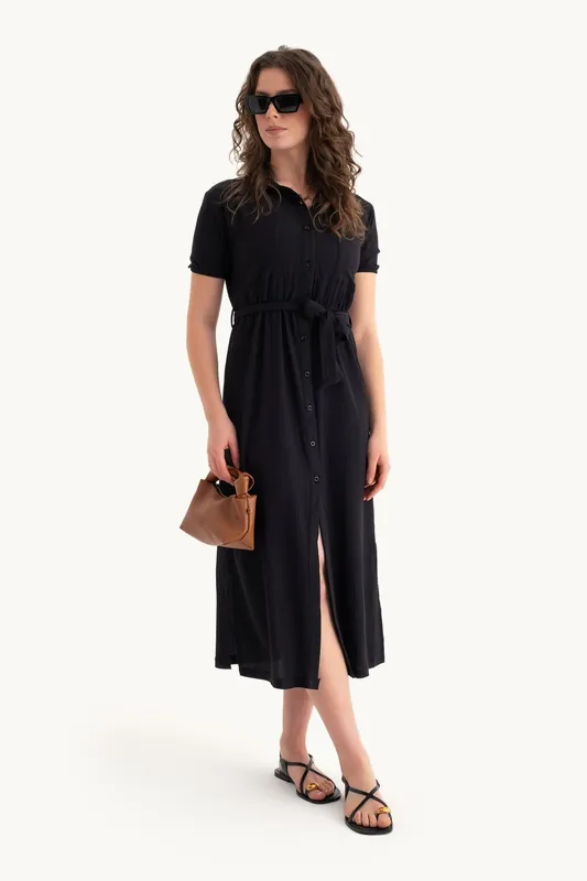 Midi Belted Shirt Dress with a Front Slit - Hiccup