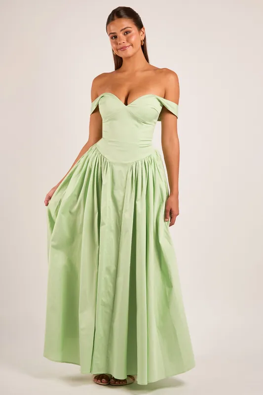 Hannah Sage Green Off Shoulder Sweetheart Gown Maxi Dress - Jaded Rose