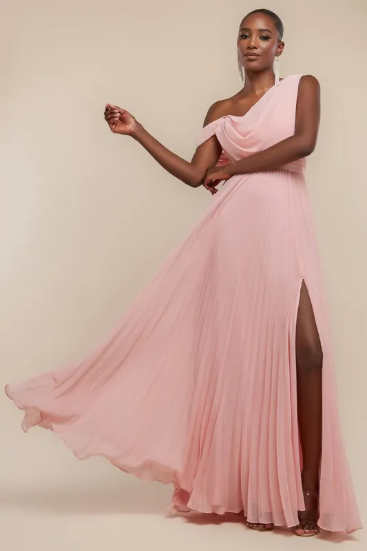 Cowl Neck One Shoulder A Line Chiffon Maxi Dress - Goddiva