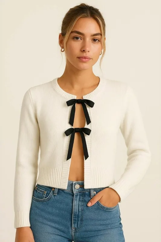 Knitted Lace-Up Front Long Sleeve Cardigan
