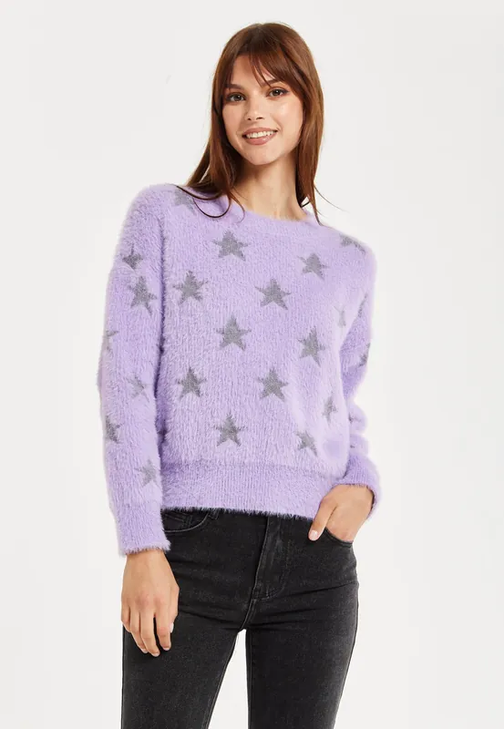 Fluffy Grey Star Pattern Jumper In Lilac - Liquorish