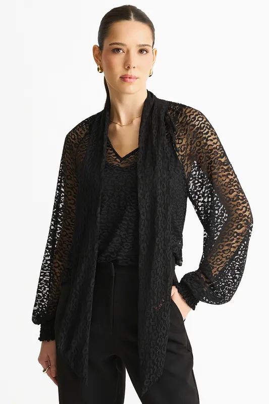Black Animal Lace Neck Tie Detail Blouse - Gini London