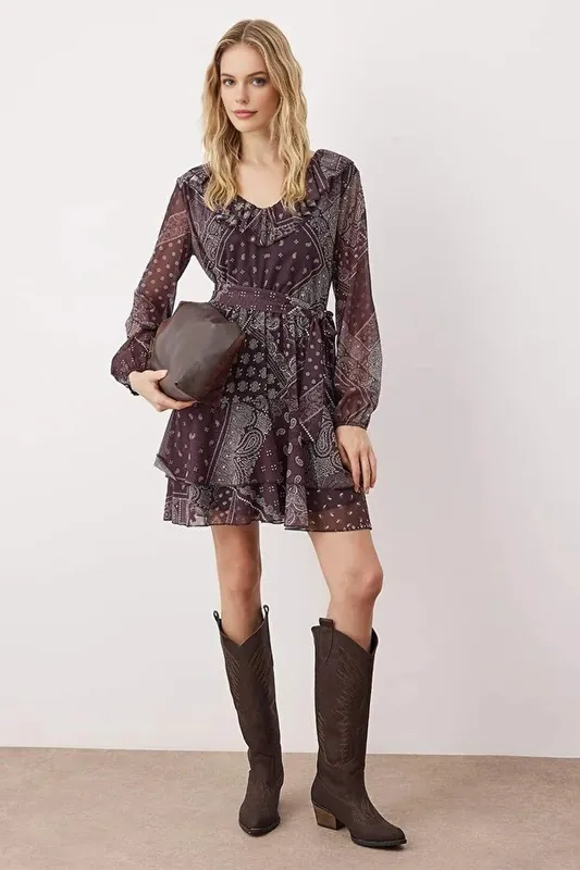 Boho Printed Mini Knit Dress with Ruffle Detail - WOVCOR