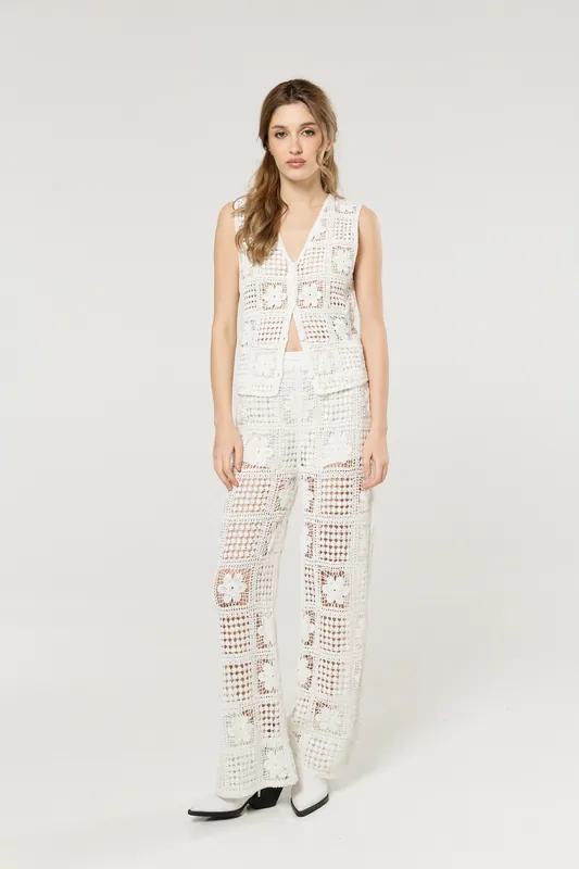 Cream Crochet Knit Wide Leg Trousers - Liquorish