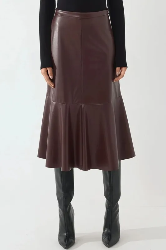 High Waist Faux Leather Midi Skirt - Hiccup