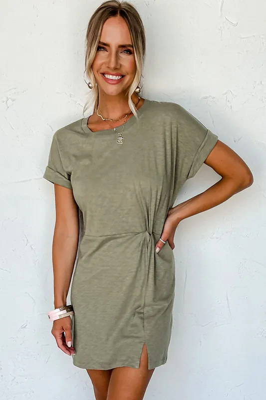 Laurel Green Folded Sleeve Twisted Mini T-shirt Dress