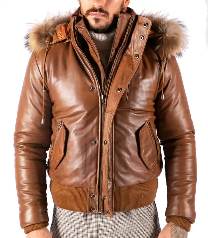 Hooded Bomber Puffer Leather Jacket - TruClothing