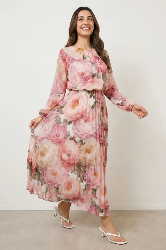 Pink Pleated Floral Dress - Blue Vanilla