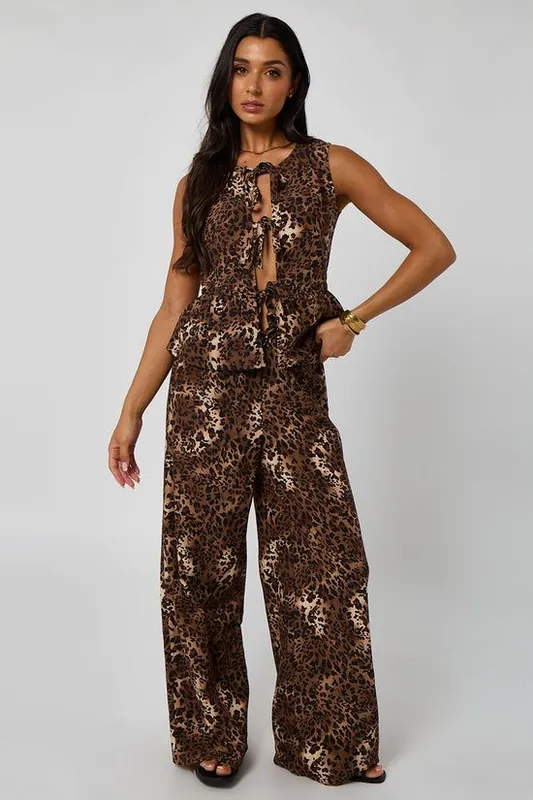Leopard Linen-Look Elasticated Wide Leg Trouser