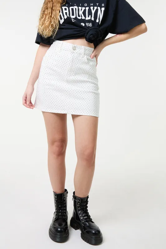 White Denim Diamante Mini Skirt - Pink Vanilla