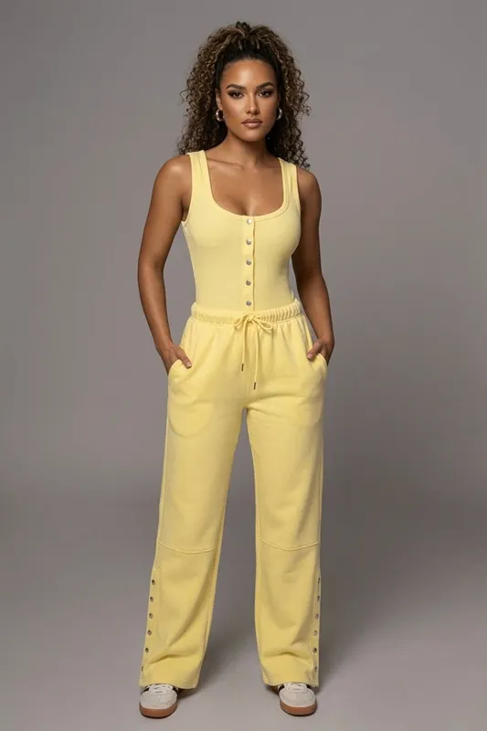 Button Detail Ribbed Bodysuit and Fleece Jogger Two-Piece Set