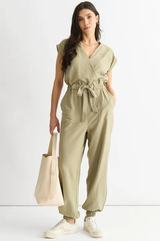 Sage Green Wrap Belted Utility Jumpsuit - Gini London