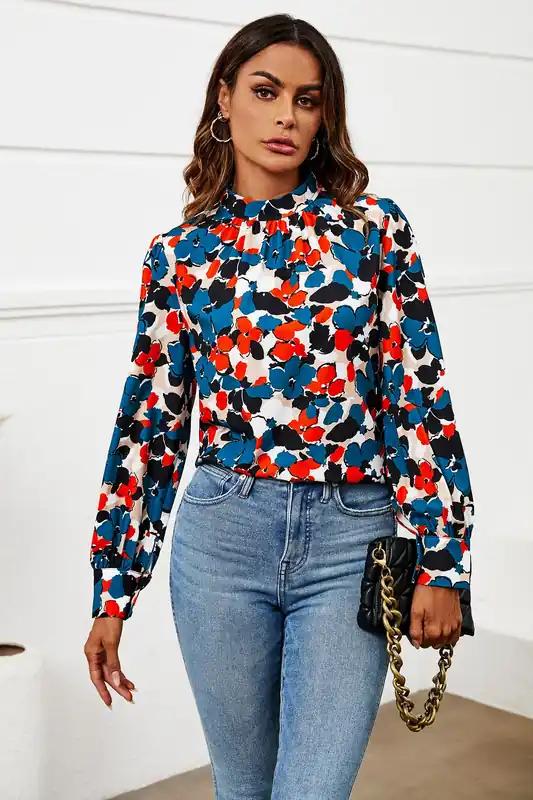 Floral Print Long Sleeve High Neck Top In Blue - FS Collection