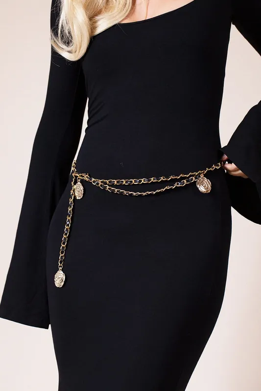 Rose Chain Faux Leather Belt In Black Gold - SVNX