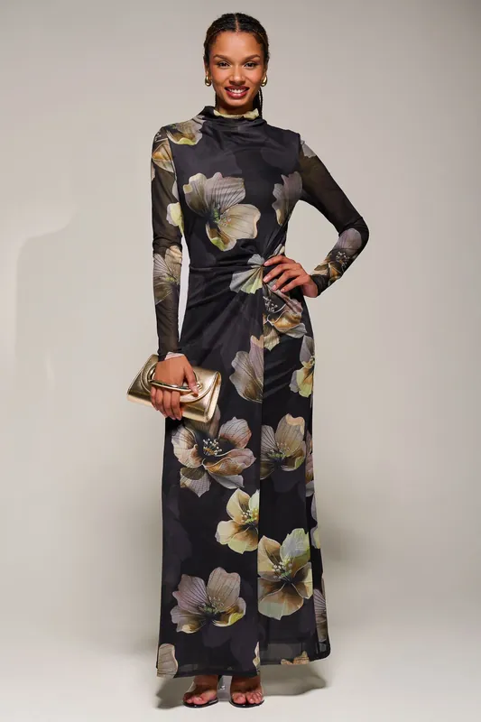 High Neck Long Sleeve Mesh Maxi Dress - Jolie Moi