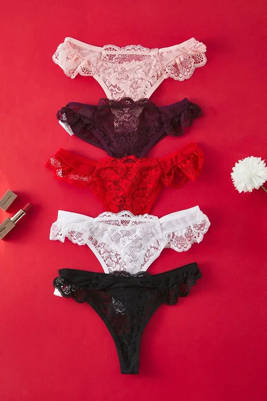 5 Pack Lace Frill Trim Mesh Brazilian Briefs Set - WOVCOR
