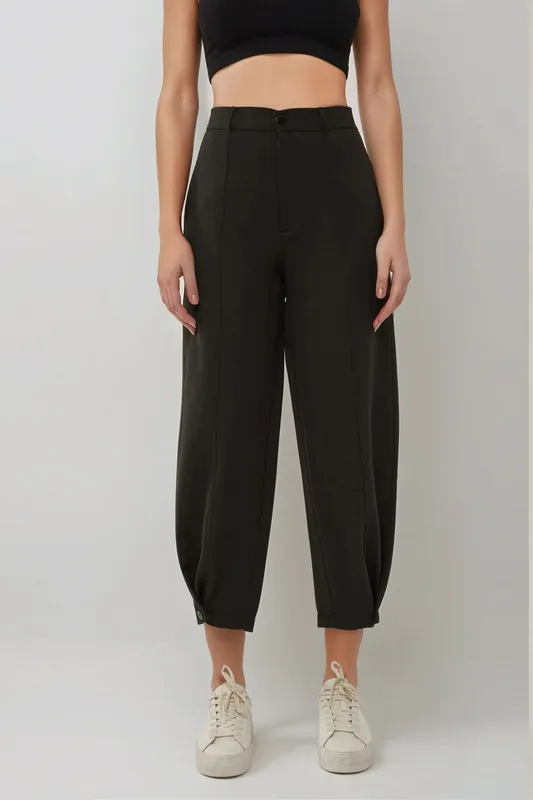 High Waist Tapered Pants with Waist Button Detail - Hiccup