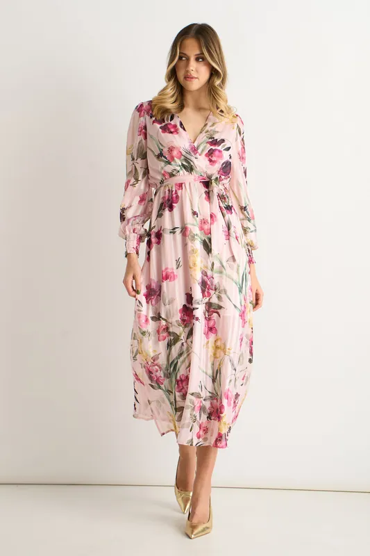 Pink Floral Print Sparkle Chiffon Wrap Midi Dress - Gini London