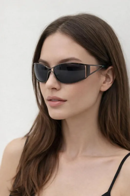 Retangle Wrap Around Metal Sunglasses In Gun Metal - SVNX