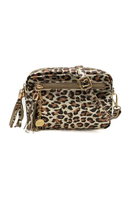 Small Italian Genuine Leather Metallic Leopard Print Tassel Charm Crossbody Bag - Kitise