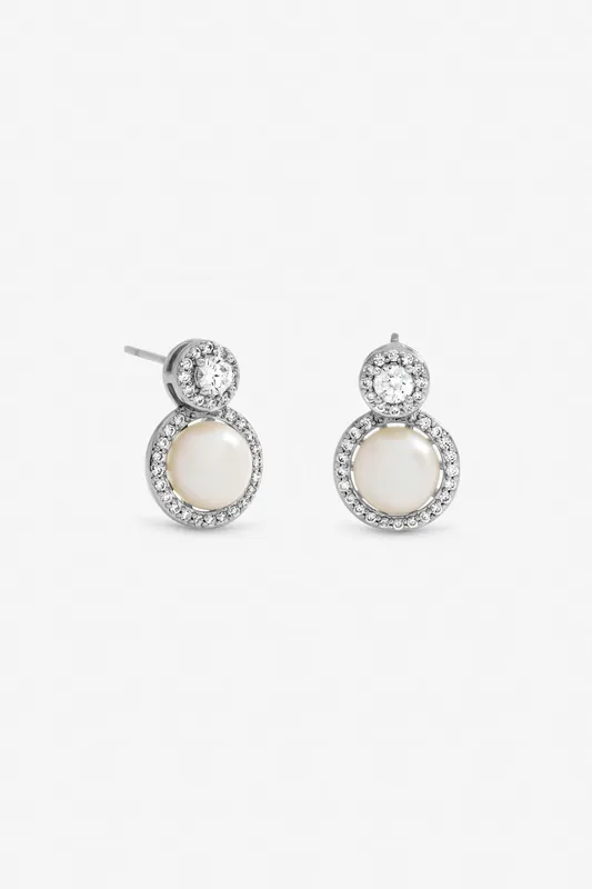 Rhodium Plated Pave and Fresh Water Halo Earrings - Jon Richard